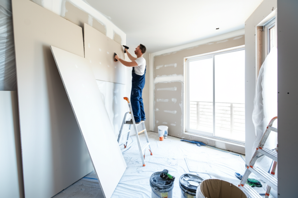 Professional drywall installation in progress